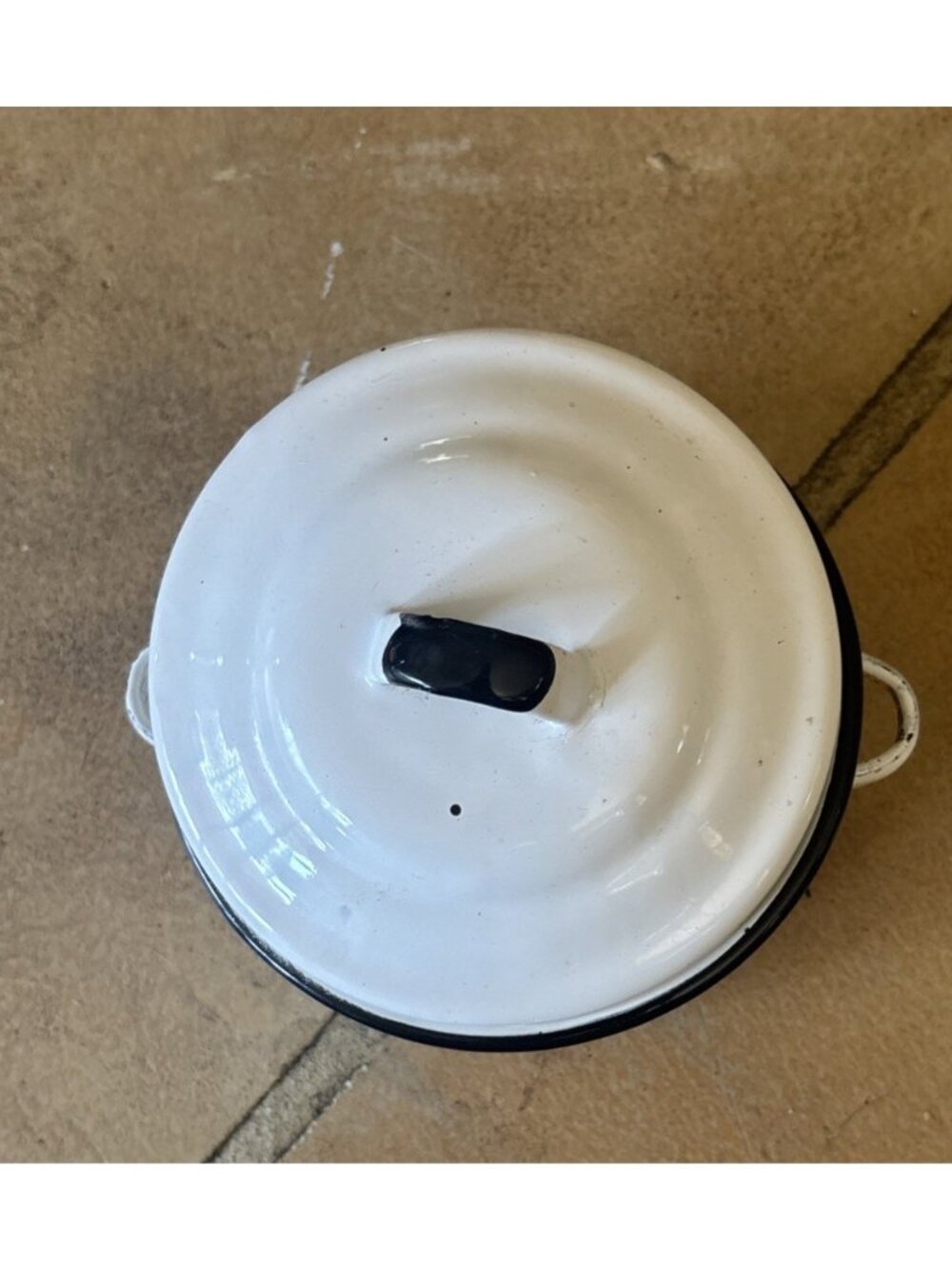 Farmhouse Enamelware Small Pot And Lid White Black Trim 5 1/4” Across Rim 2 1/4